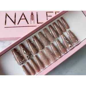 Icy Nude Bling Long Coffin Gloss Press On Nails Long